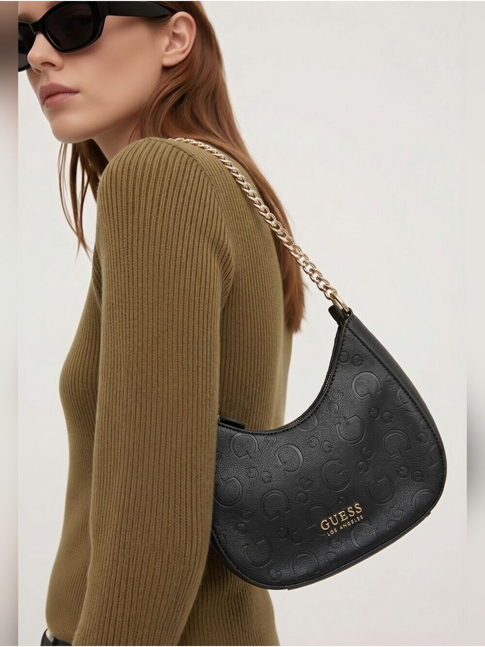 GUESS Black Embossed Logo Shoulder Bag with Gold Chain